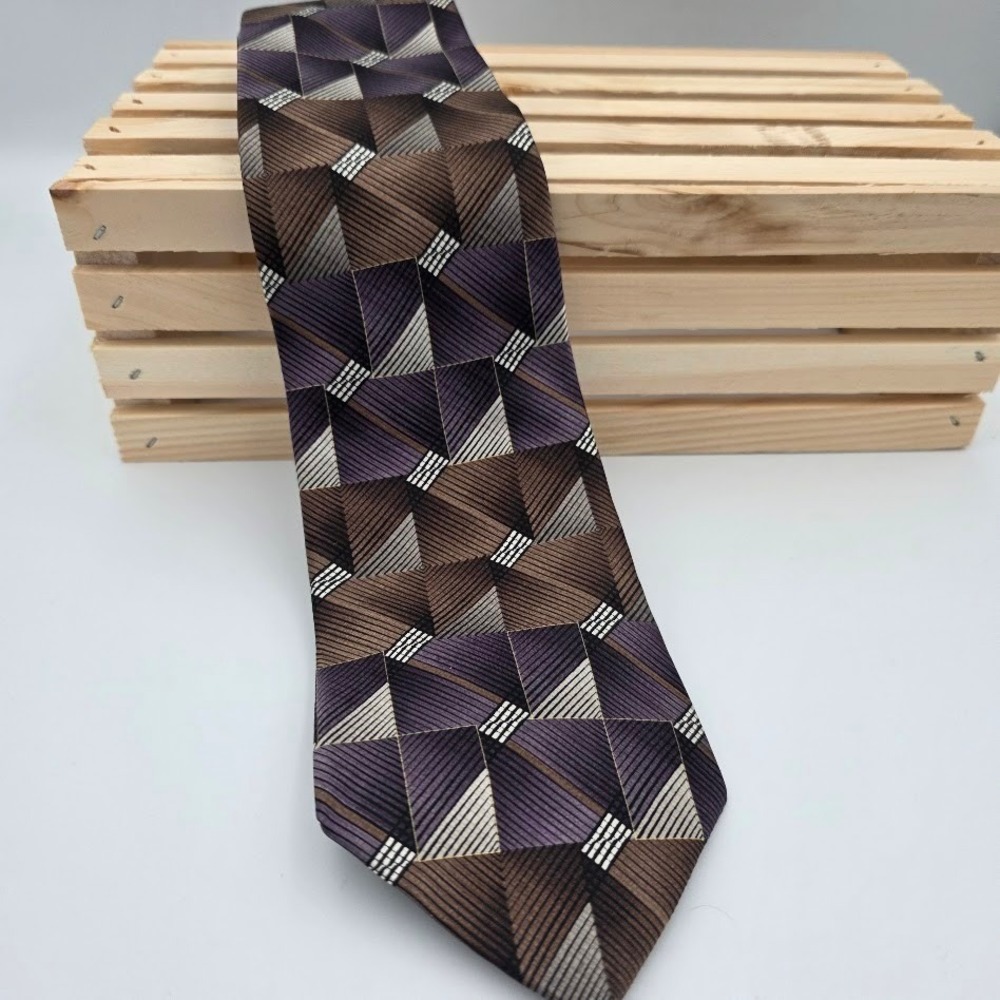 Bugatti Mens Silk Necktie Purple Brown Geometric Abstract Pattern‎ Professional